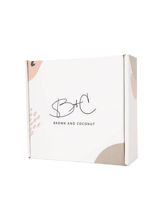 Brown and Coconut Gift Box with brown and pink designs on white background