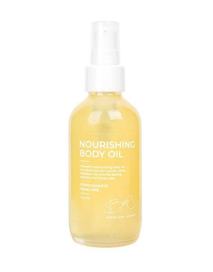 Brown and Coconut Nourishing Body Oil on white background